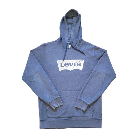 Levi's Classic Distressed Logo Size Small Mens Heatherd Blue Hoodie Pullover - Picture 1 of 8